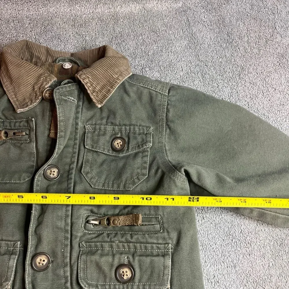 OshKosh B'gosh BabyBoy Green Utility Barn Jacket Corduroy Collar Plaid Lined 12M